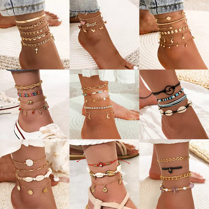 Bohemia Shell Star Chain Ankle Bracelet Charm Anklet Set For Women