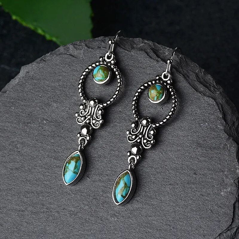 925 Sterling Silver Earrings Vintage  Silver Ethnic Style Inlaid Turquoise Long Earrings