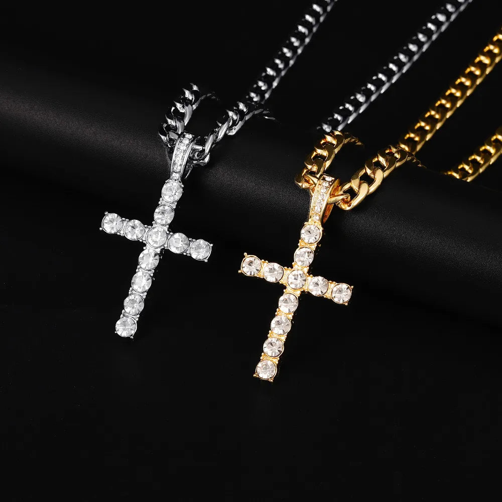 Hip Hop Cross Pendant Necklace Men Women  4mm Zircon Tennis Chain Iced Out Bling