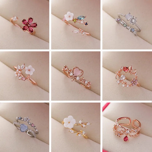 Crystal Zircon Rings Sweet Flower Leaf Butterfly Adjustable