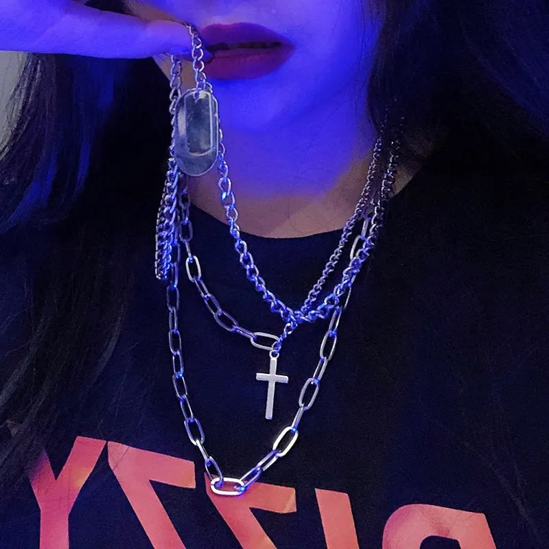 Unisex Multi layer Hip Hop Long Chain Necklace Key Cross Pendant