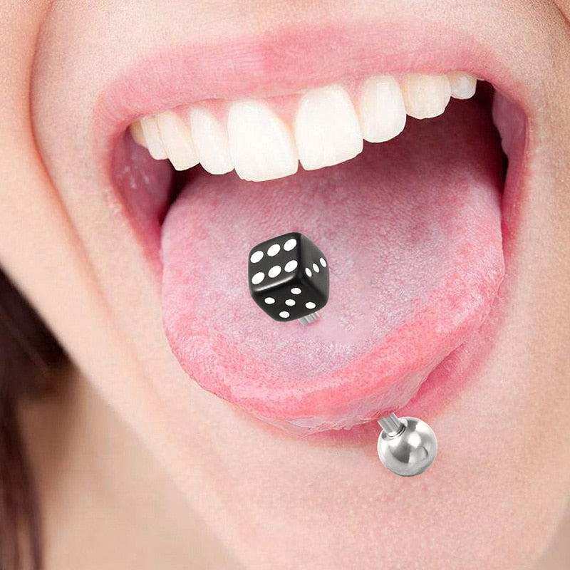 14G 2pcs Good Luck Dice Tongue Ring Surgical Steel Tongue Stud Bar Barbell