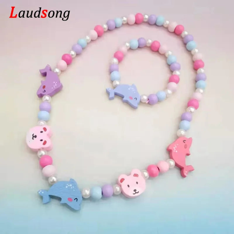 Colorful Wooden Unicorn Flower Child Necklace Bracelet Girl's Gifts  2pc