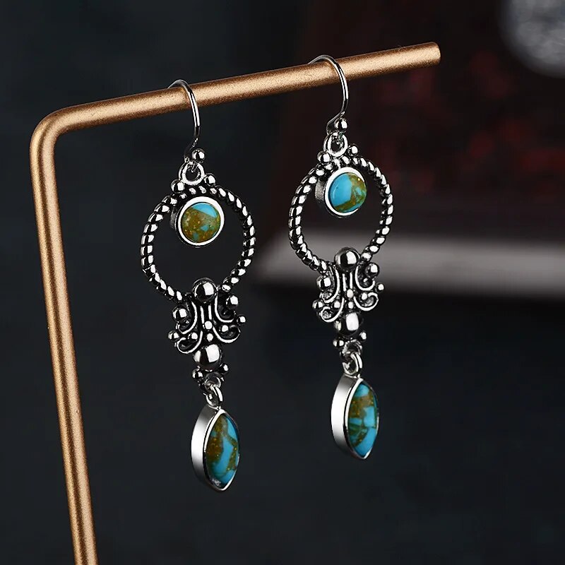 925 Sterling Silver Earrings Vintage  Silver Ethnic Style Inlaid Turquoise Long Earrings