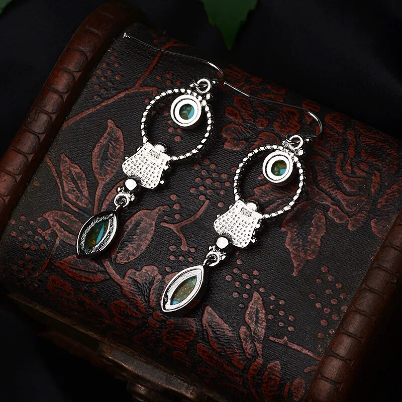 925 Sterling Silver Earrings Vintage  Silver Ethnic Style Inlaid Turquoise Long Earrings