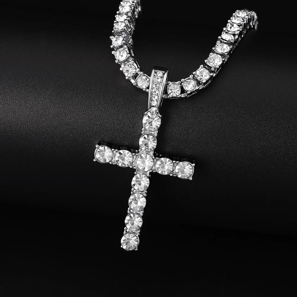 Hip Hop Cross Pendant Necklace Men Women  4mm Zircon Tennis Chain Iced Out Bling