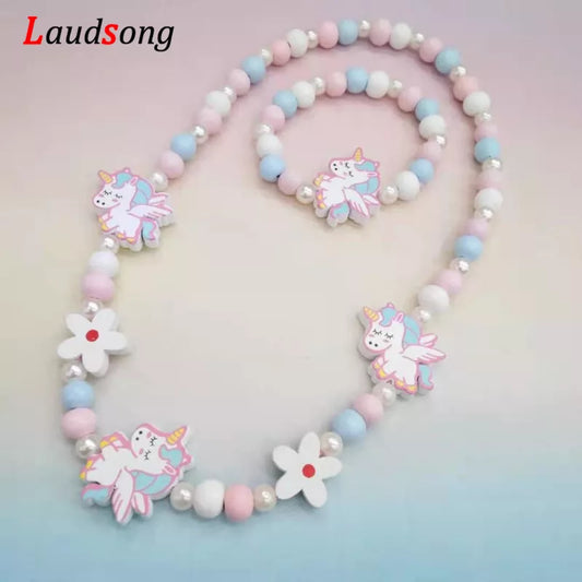 Colorful Wooden Unicorn Flower Child Necklace Bracelet Girl's Gifts  2pc