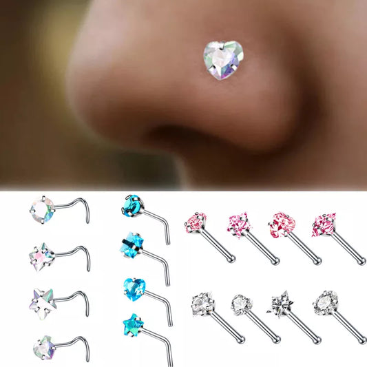 4PCS/Set Surgical Steel Heart Nose Ring Set Real Star L Shape Nose Stud  Rings