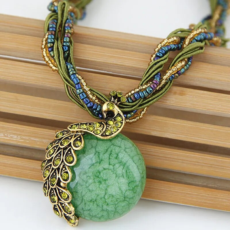 Ethnic Turkish Jewelry Bohemian Beads Natural Stone Peacock Pendant Necklace