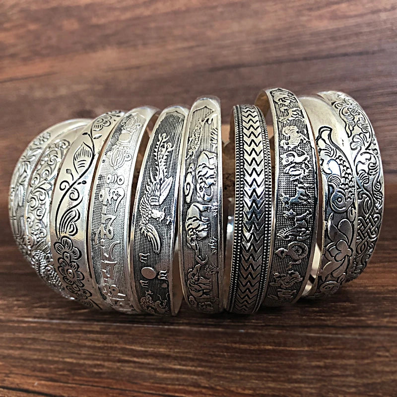 Retro Cuff Bracelets Tibetan Silver Metal Carving Bangles Vintage Gypsy Jewelry