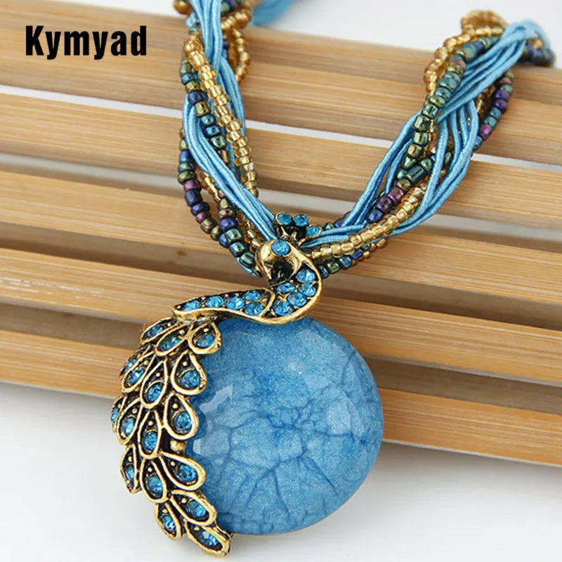 Ethnic Turkish Jewelry Bohemian Beads Natural Stone Peacock Pendant Necklace