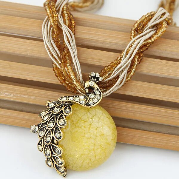 Ethnic Turkish Jewelry Bohemian Beads Natural Stone Peacock Pendant Necklace