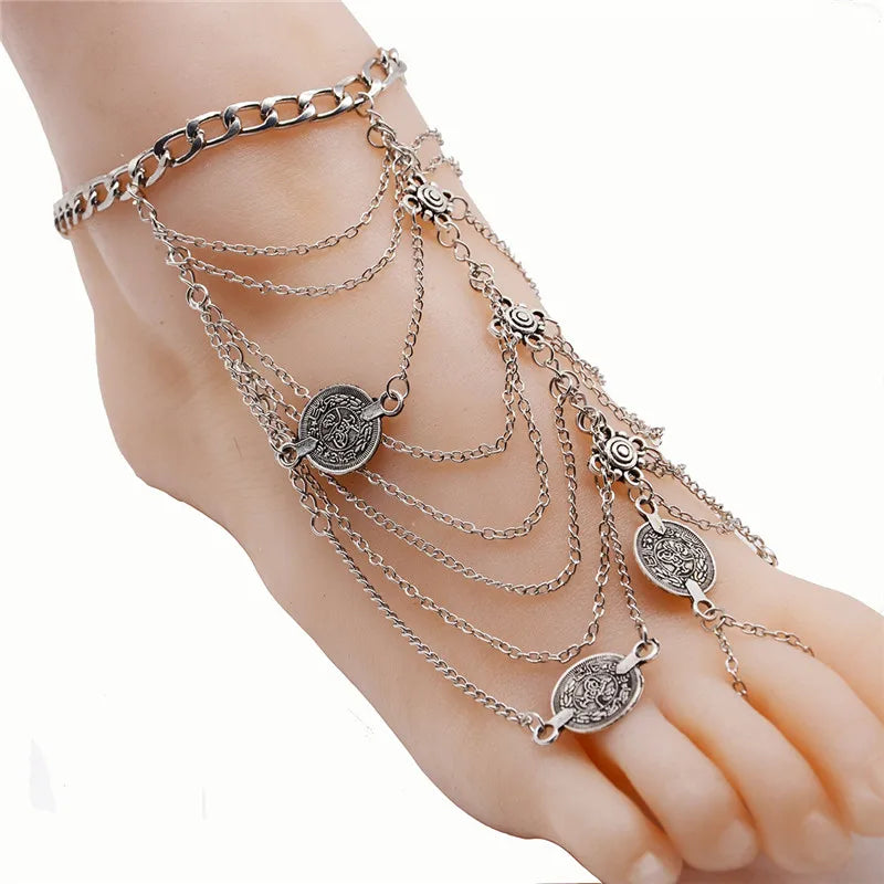 Sexy Silver Color Tassel Anklet for women Coin Pendant