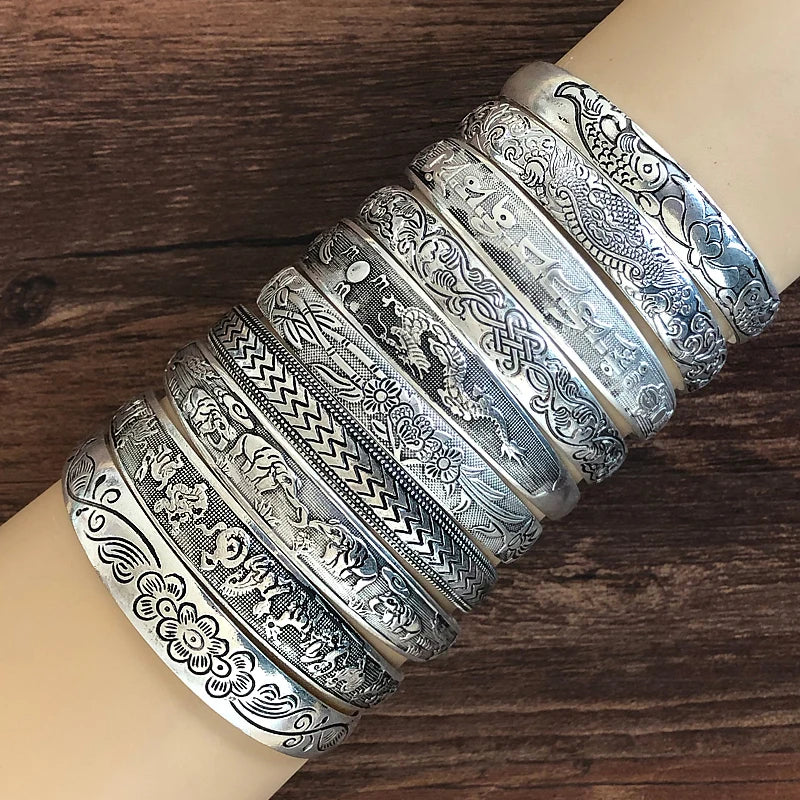 Retro Cuff Bracelets Tibetan Silver Metal Carving Bangles Vintage Gypsy Jewelry