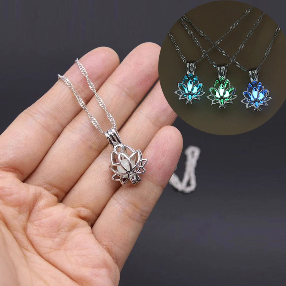 Luminous Glow In The Dark Moon Lotus Flower Pendant Necklace Yoga Prayer Buddhism