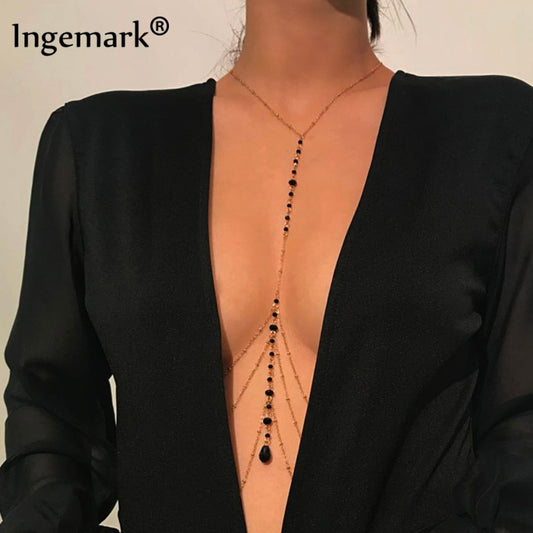 Sexy Multilayer Tassel Bead Belly Chain, Black Crystal Pendant