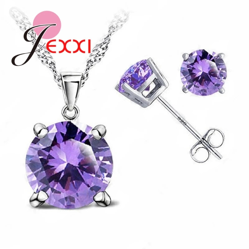 Classic Jewelry Cubic Zirconia 925 Sterling Silver Jewelry Sets 4 Claw Stud Earring Pendant Necklace 8 Colors