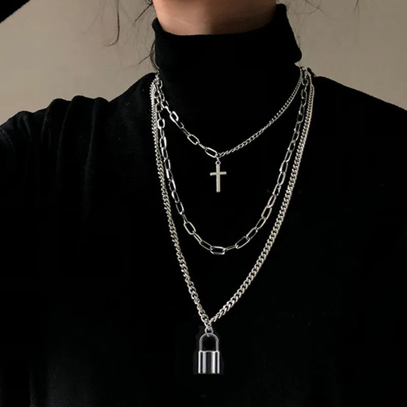 Unisex Multi layer Hip Hop Long Chain Necklace Key Cross Pendant