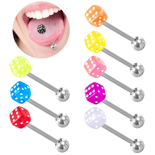 14G 2pcs Good Luck Dice Tongue Ring Surgical Steel Tongue Stud Bar Barbell