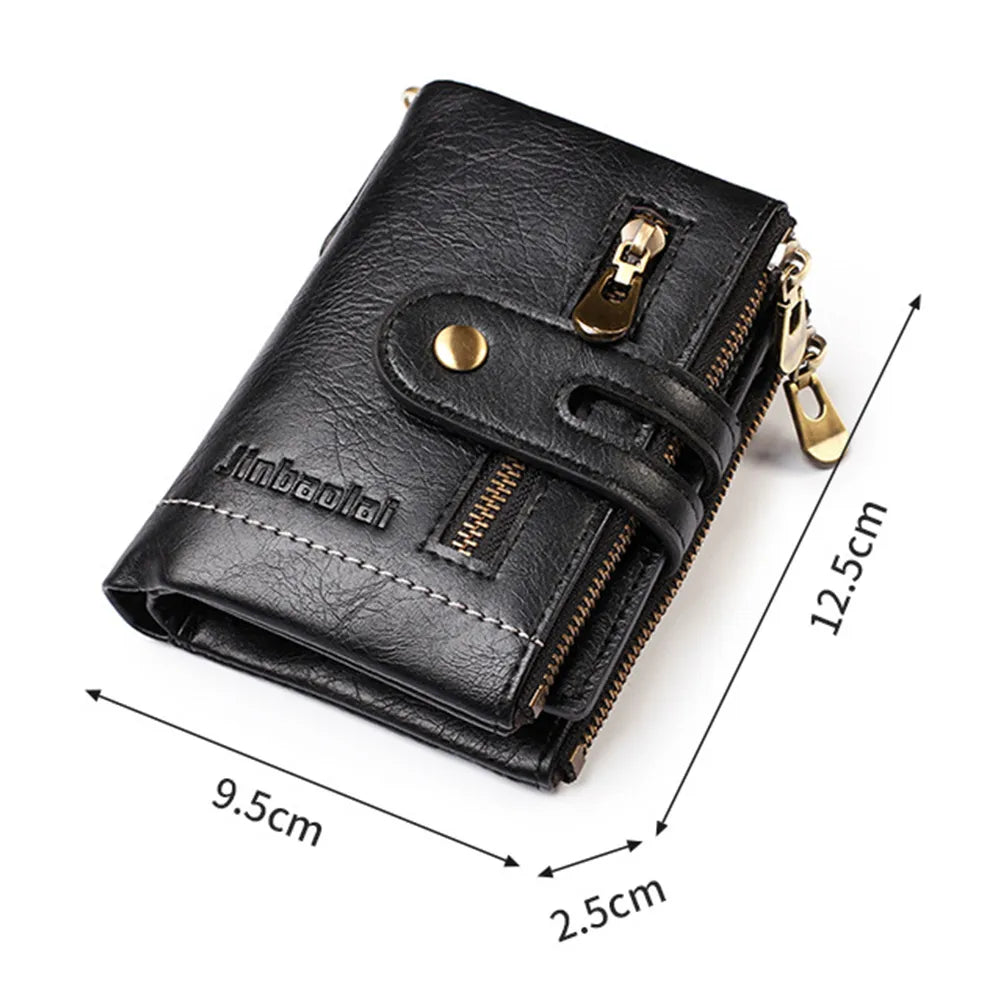 Mens Wallets Leather Short Card Holder Chain  Classic Retro