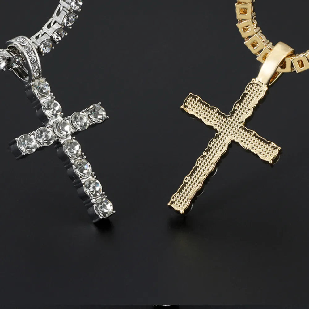 Hip Hop Cross Pendant Necklace Men Women  4mm Zircon Tennis Chain Iced Out Bling