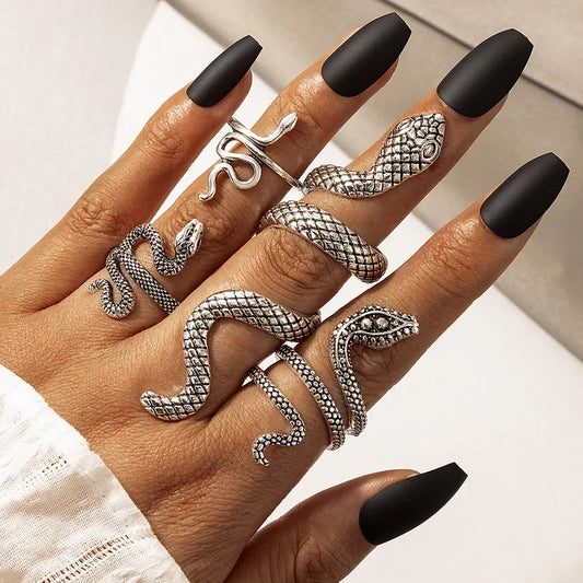 Vintage Snake Animal Rings Gothic Silver Color Geometry Metal Alloy Sets