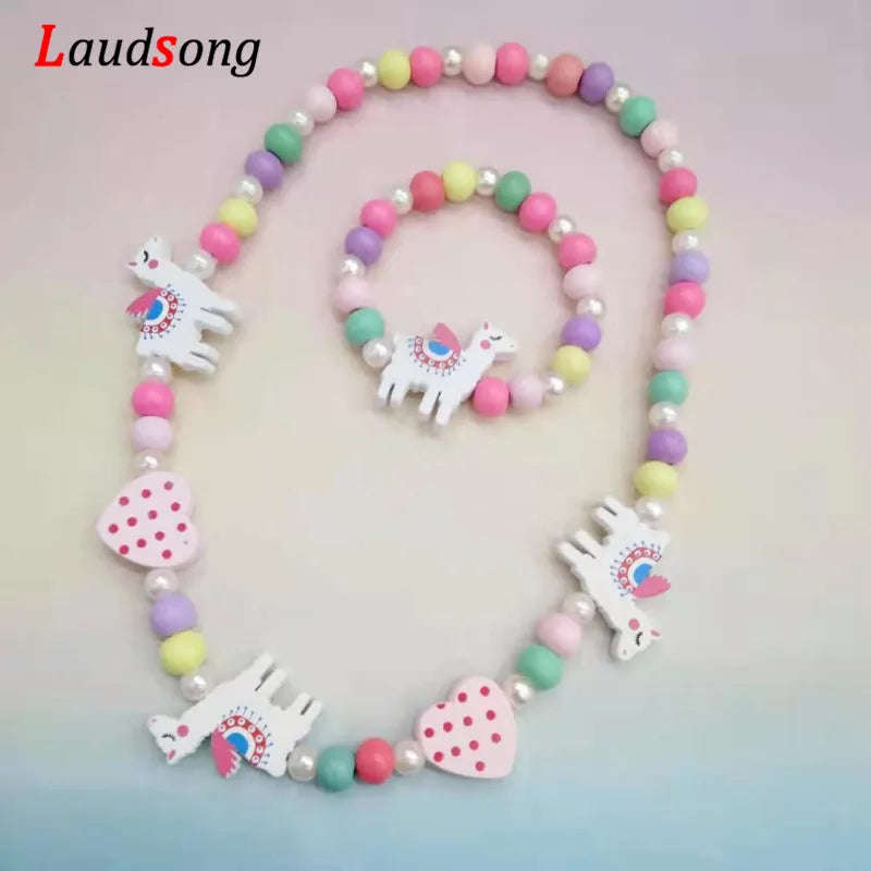 Colorful Wooden Unicorn Flower Child Necklace Bracelet Girl's Gifts  2pc