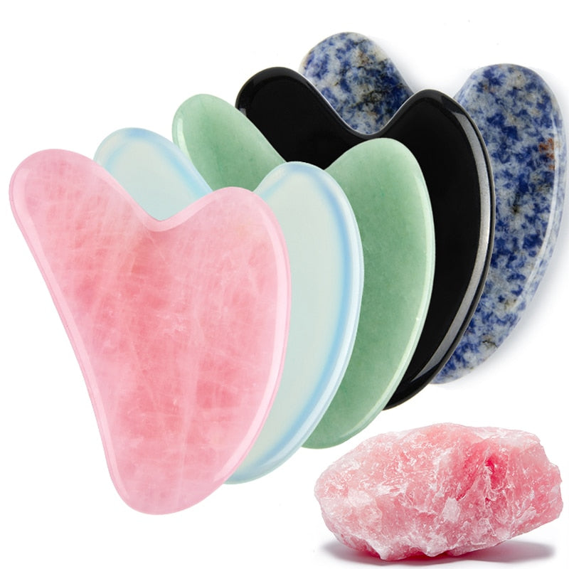 Natural Stone Jade Scraper, Rose Quartz Facial Gua Sha Tools Neck Massager for Face