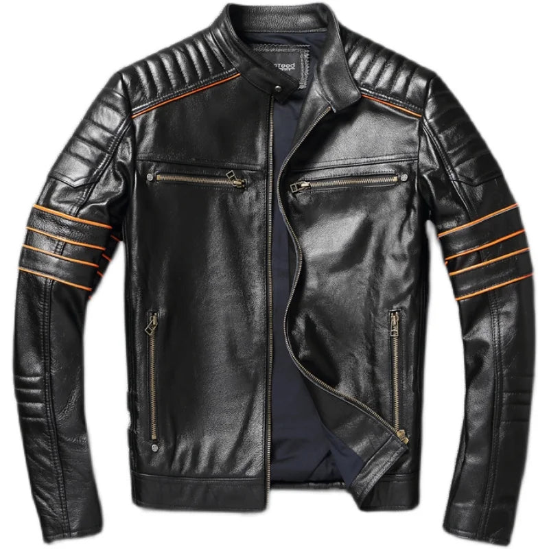 Skull Embroidery Men's First Layer Cowhide Leather Jacket Motorcycle Slim  Oversize Coat