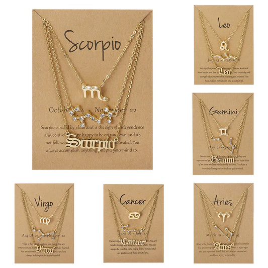 3Pcs/set 12 Zodiac Sign Necklace Pendant Chain With Cardboard Card