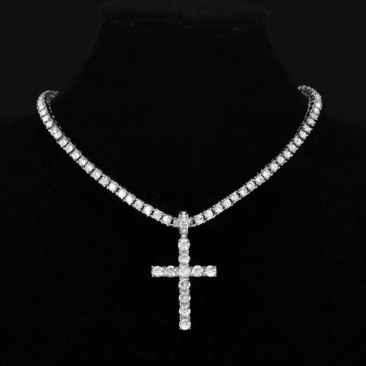 Hip Hop Cross Pendant Necklace Men Women  4mm Zircon Tennis Chain Iced Out Bling