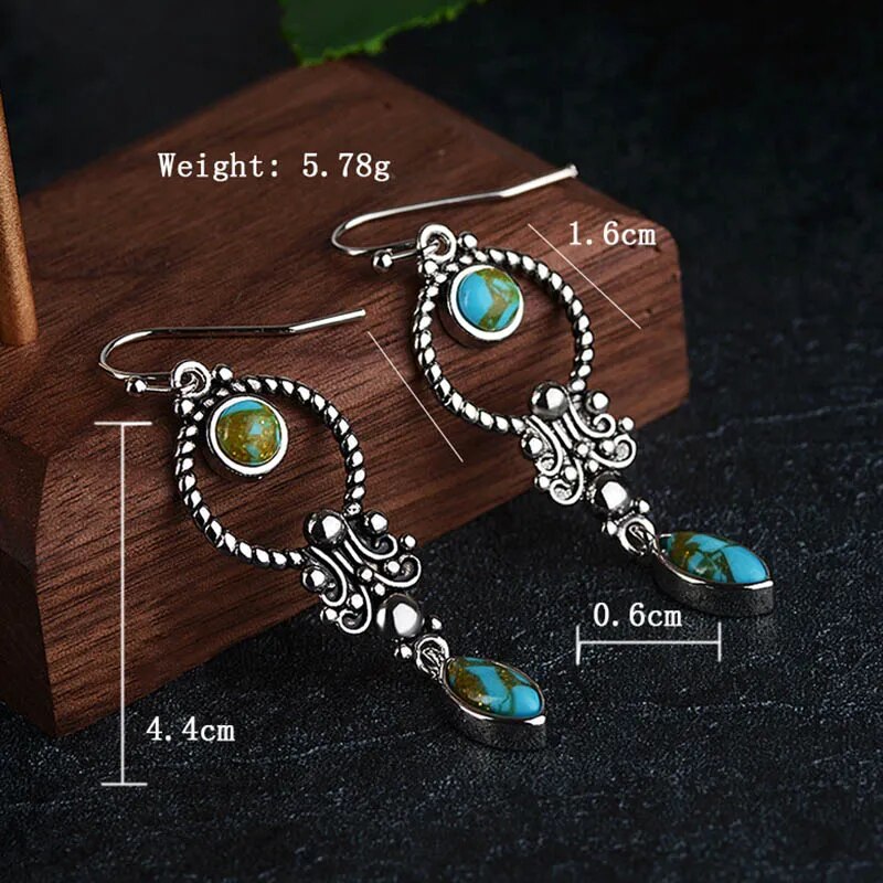 925 Sterling Silver Earrings Vintage  Silver Ethnic Style Inlaid Turquoise Long Earrings