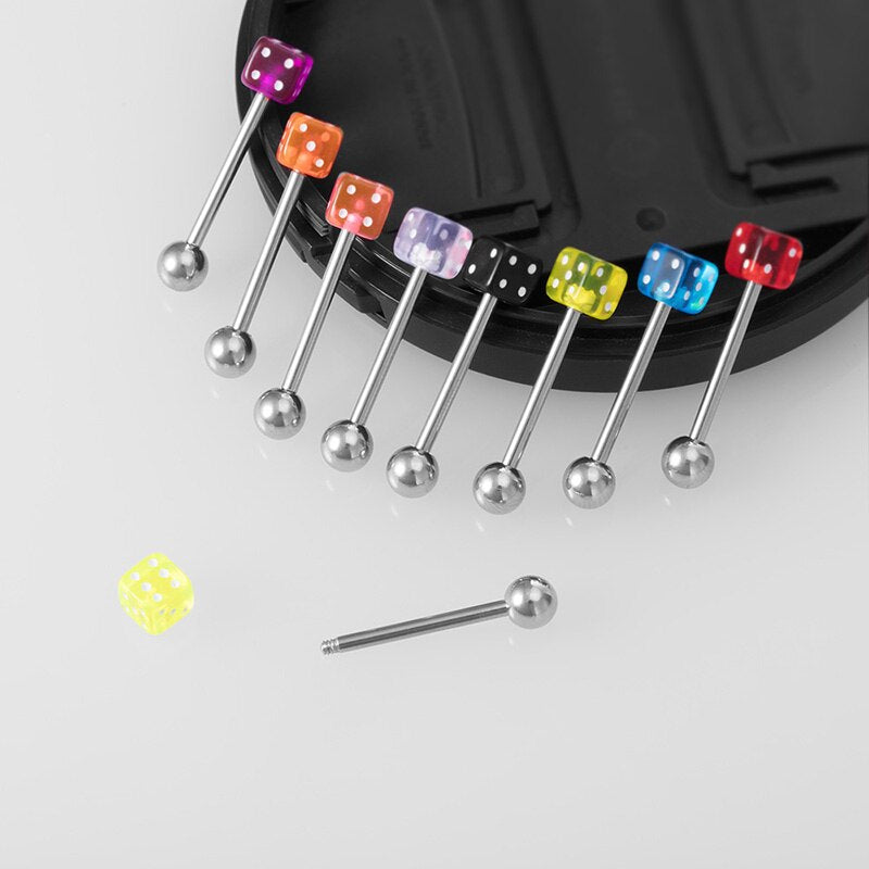 14G 2pcs Good Luck Dice Tongue Ring Surgical Steel Tongue Stud Bar Barbell