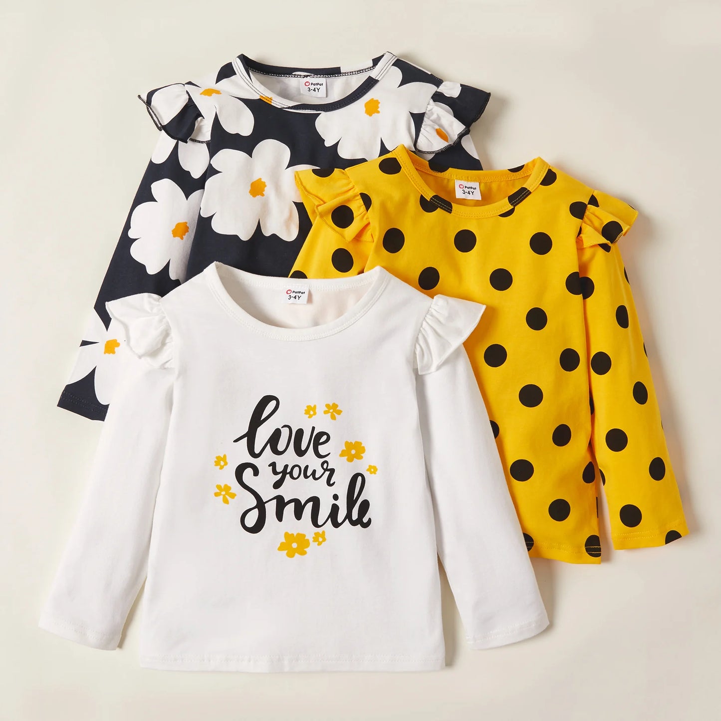 PatPat 3-pack Girls T-shirt  3 pcs Autumn And Spring Floral Dots Long-sleeve