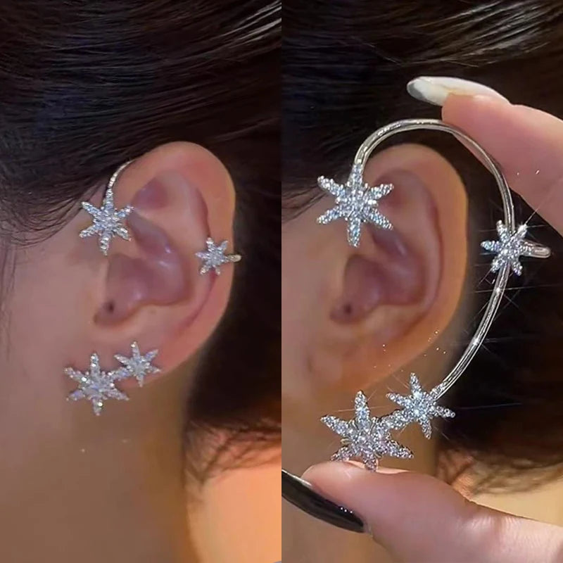 Luxury Star Butterfly Clip Earrings Crystal Tassel Ear Clip Sparkling Zircon Ear Cuff