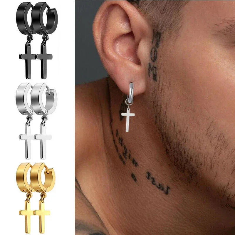 2pc Stainless Steel Unisex Cross Stars Punk Dangle Earrings Gothic Cross