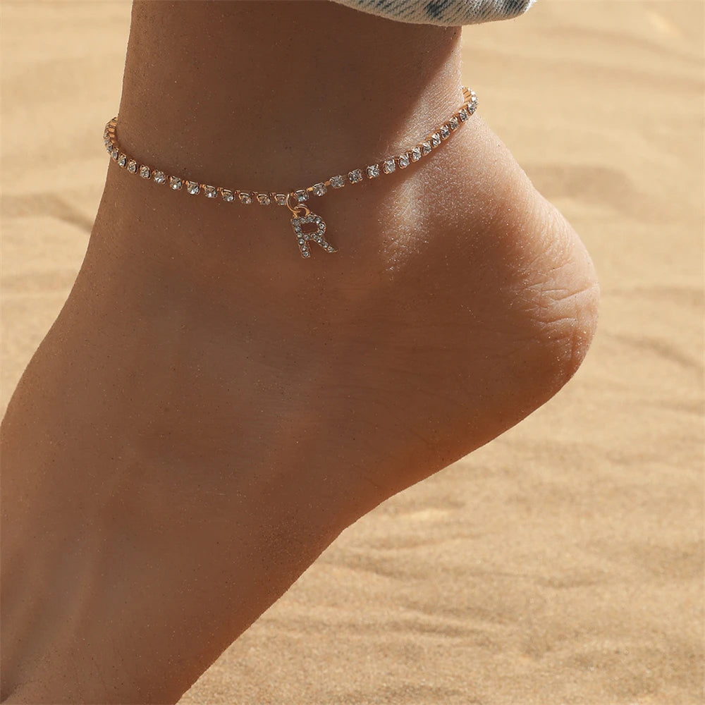 Crystal Zircon Initial Letter Ankle Bracelet Foot Chain Beach Boho Jewelry