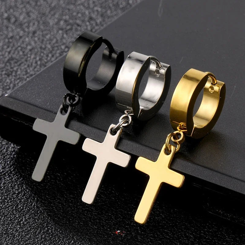 2pc Stainless Steel Unisex Cross Stars Punk Dangle Earrings Gothic Cross