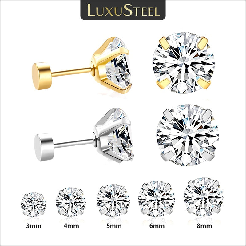 1Pairs/2Pcs Stainless Steel Crystal Stud Earrings 4 Prong Round Clear Cubic Zirconia