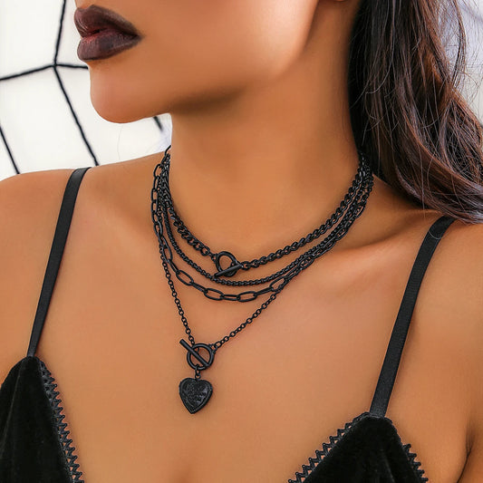 Gothic Multilayer Black OT Buckle Peach Heart Pendant Necklace Set Cuban Link