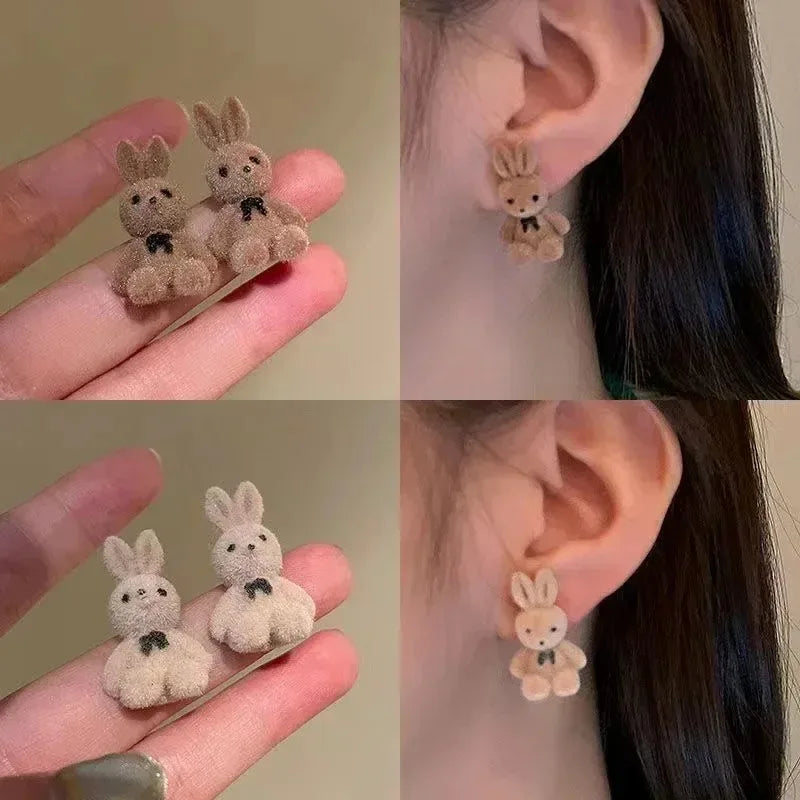 Silver Needle Earrings Cute Flocking Rabbit Ear Studs Bear Earrings