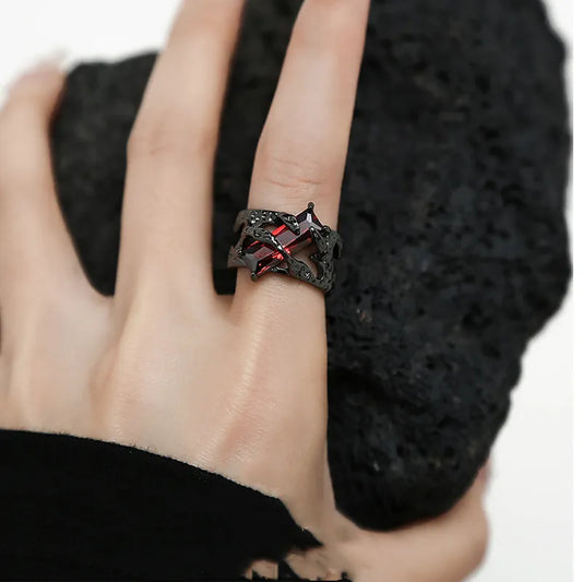 New Punk Black Rings Thorns Vine Twine Red Rhinestones Hollow Unsex