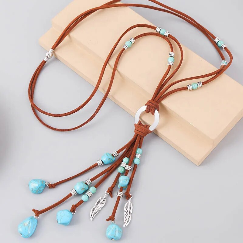 Bohemian Style, Genuine Leather, Sweater Chain, Irregular Blue Stone