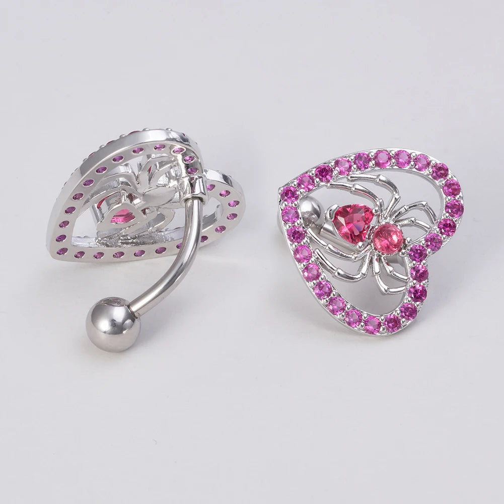 Heart Spider Belly Button Ring 14 G Surgical Steel Clear Pink Zircon Reverse Curved Navel Piercing