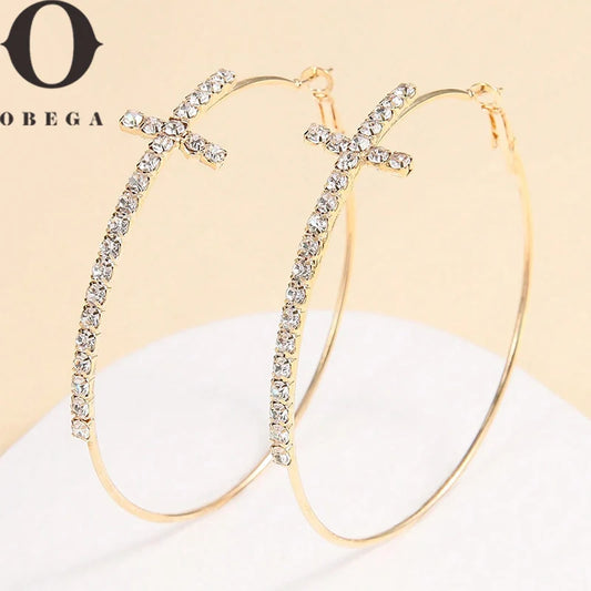 Obega Cross Hoop Earrings Shiny Cubic Zircon Gold And Silver