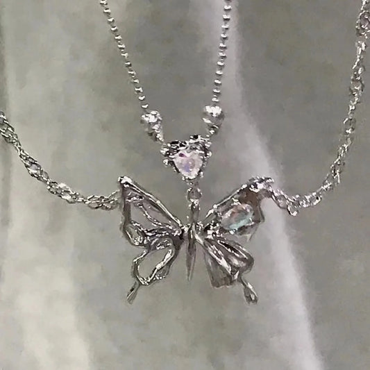 Y2K Crystal Butterfly Pendant Necklace Egirl Punk Heart Grunge Clavicle Chain