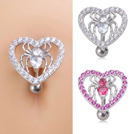 Heart Spider Belly Button Ring 14 G Surgical Steel Clear Pink Zircon Reverse Curved Navel Piercing