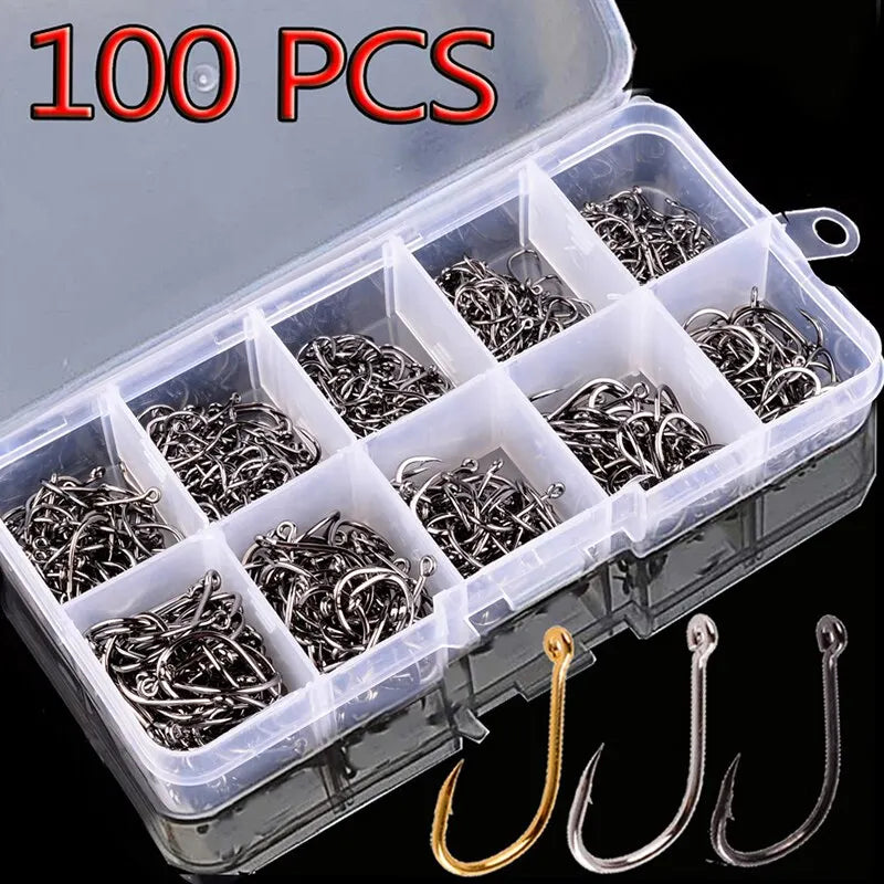 Fishing Hooks Set 100Pcs Box 10 Series High Carbon Steel Single Circle