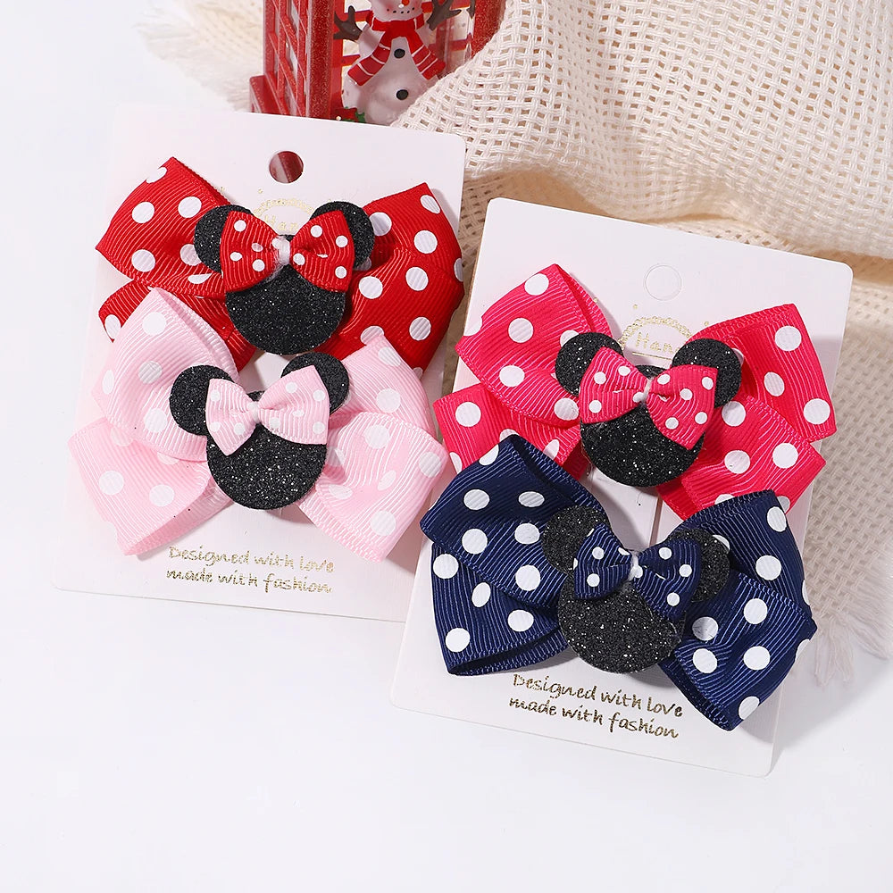 2pcs/Set Girls Lovely Polka Dot Bow Hair Clips Cartoon Hairpins