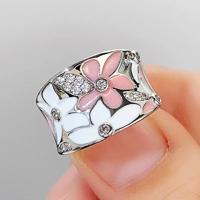 Huitan Aesthetic Enamel Flower Finger Ring Silver Color Cubic Zirconia